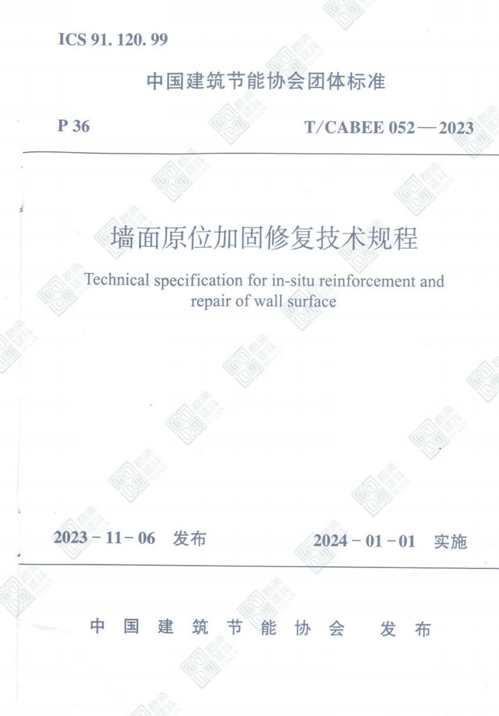 T/CABEE 052-2023 墙面原位加固修复技术规程